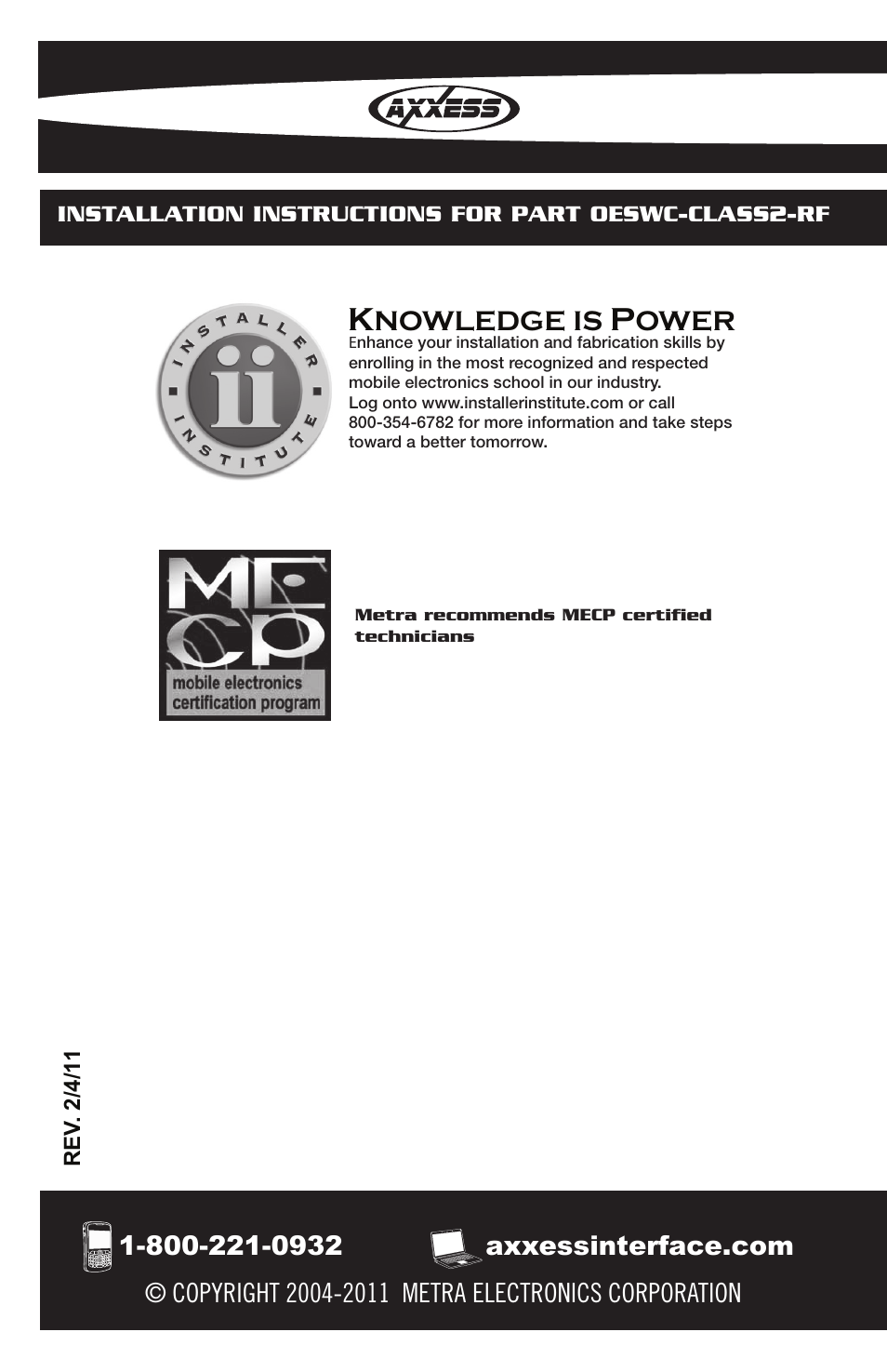Nowledge is, Ower | Axxess Interface OESWC-CLASS2-RF User Manual | Page 8 / 8