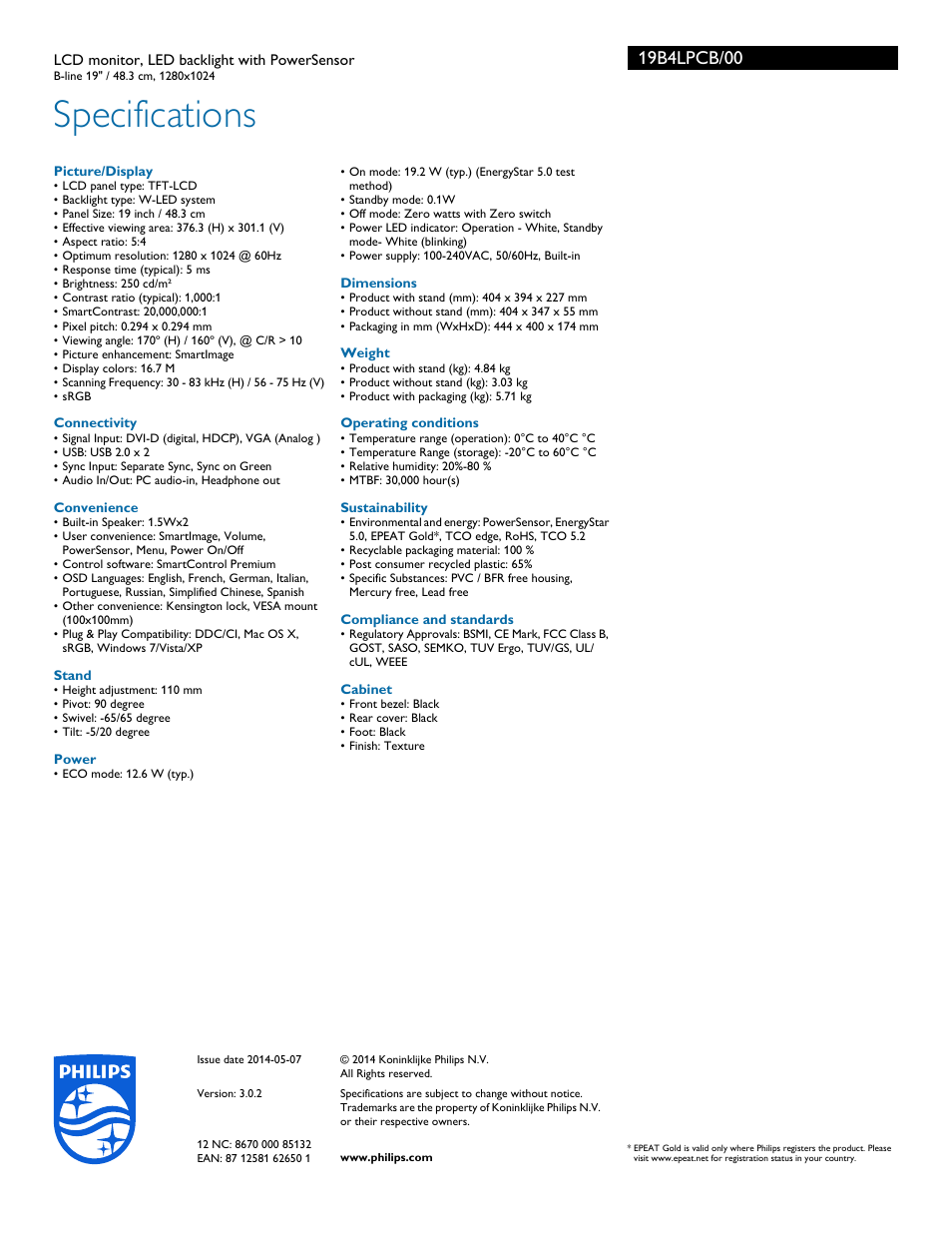 Specifications | Philips 19B4LPCB-00 User Manual | Page 3 / 3