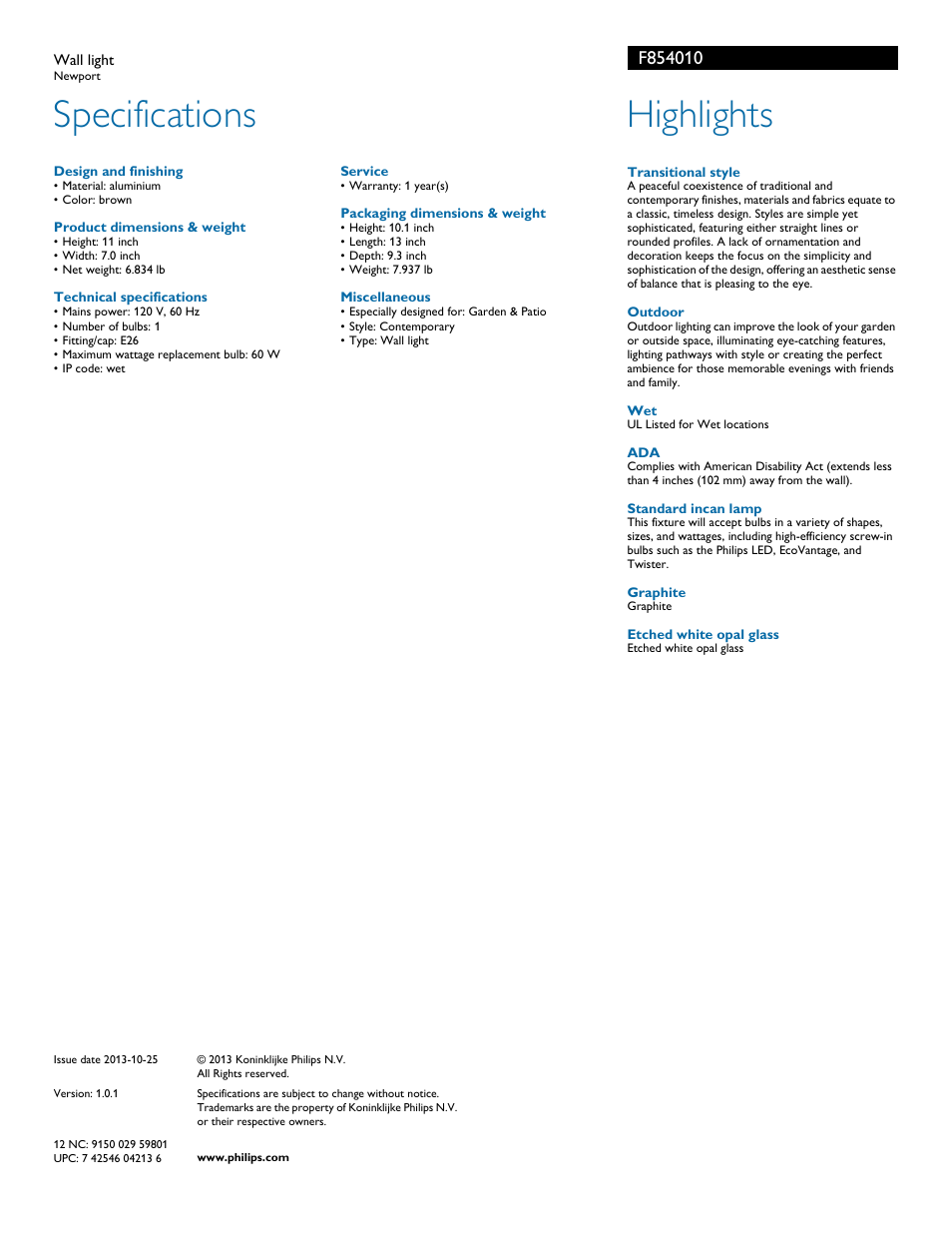Specifications, Highlights | Philips F854010 User Manual | Page 2 / 2