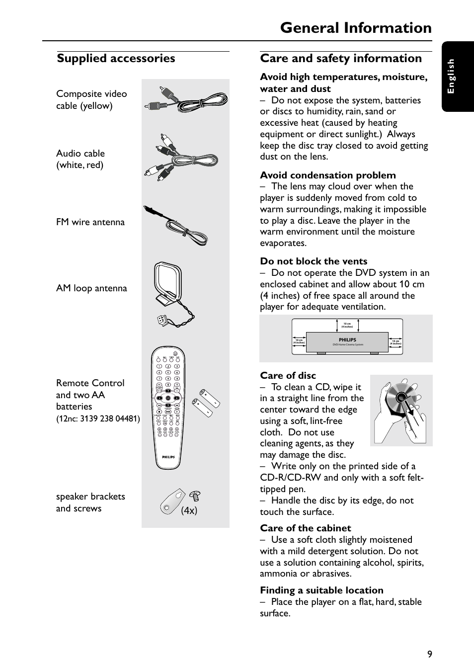 General information, Supplied accessories care and safety information, Speaker brackets and screws | Philips MX6050D-37 User Manual | Page 12 / 42