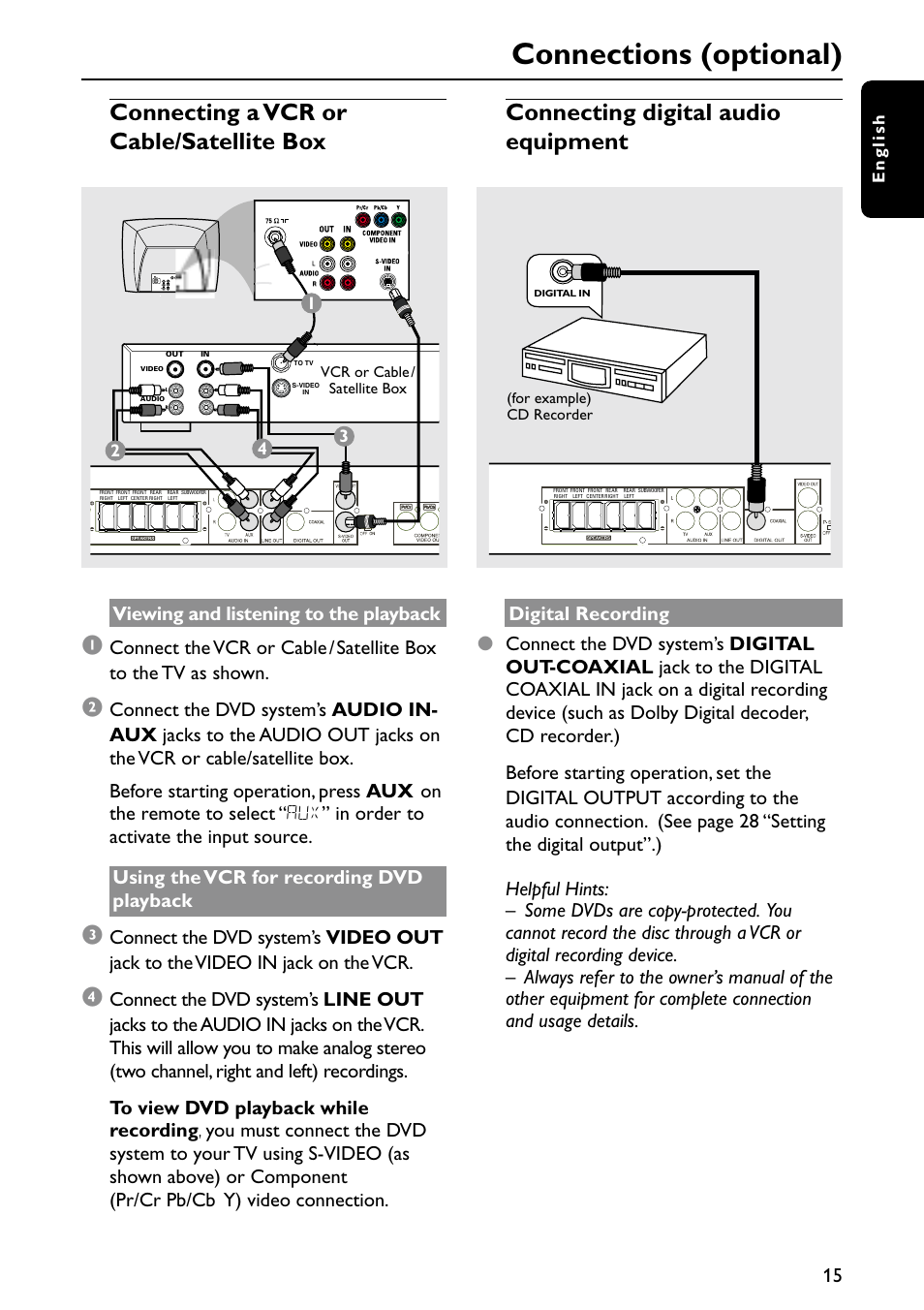 Connections (optional), Viewing and listening to the playback, English | Philips MX6050D-37 User Manual | Page 18 / 42