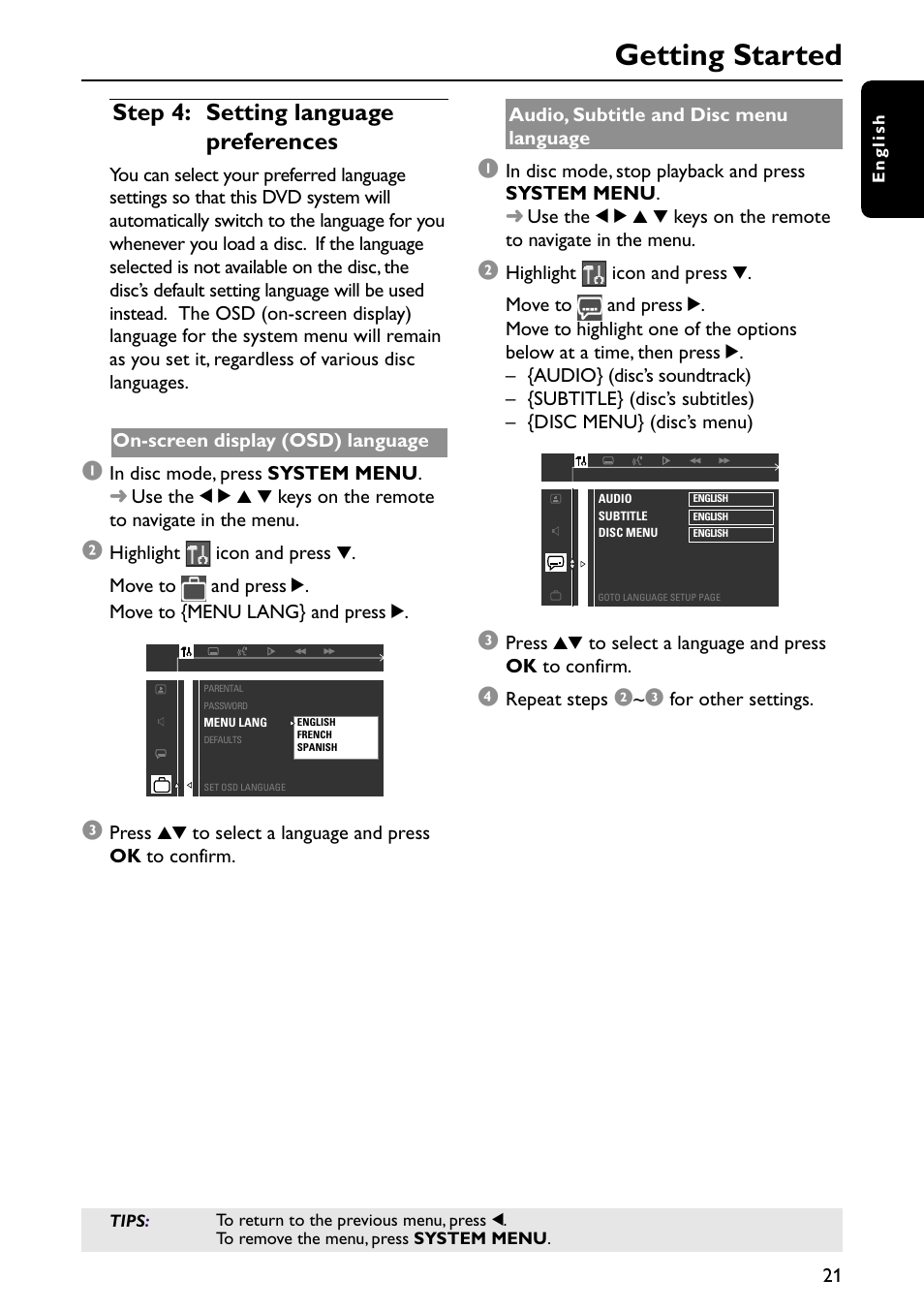 Getting started, Step 4: setting language preferences | Philips MX6050D-37 User Manual | Page 24 / 42