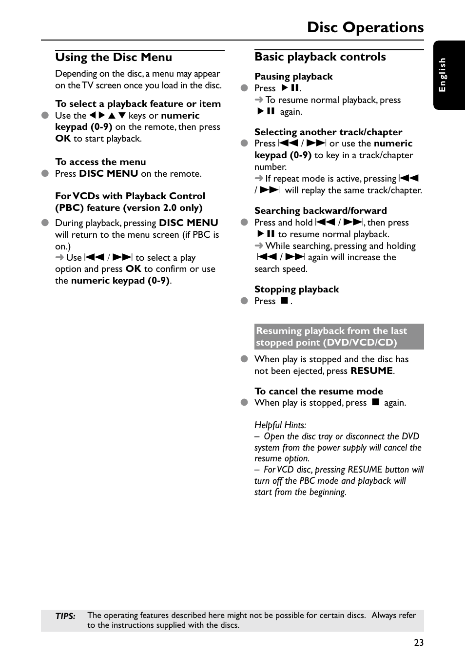 Disc operations, Using the disc menu, Basic playback controls | Philips MX6050D-37 User Manual | Page 26 / 42