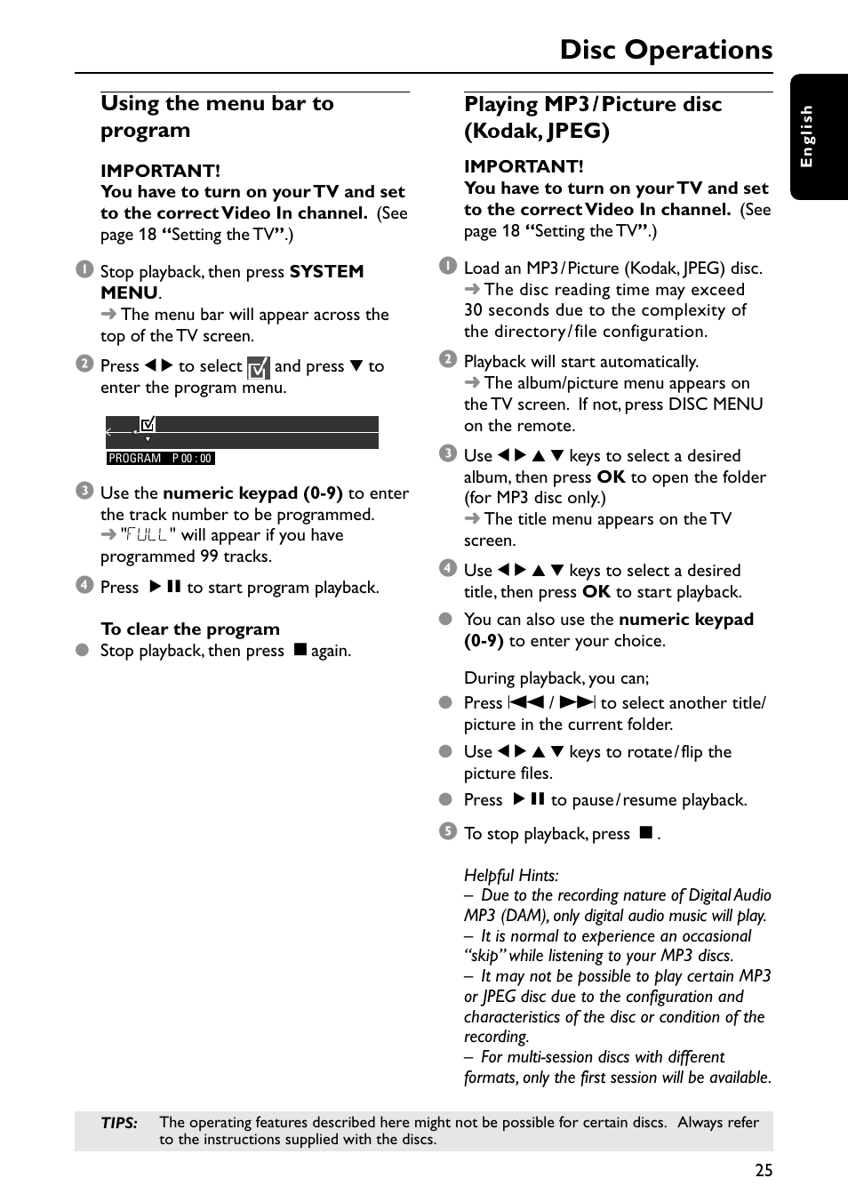 Disc operations, Using the menu bar to program, Playing mp3 /picture disc (kodak, jpeg) | Philips MX6050D-37 User Manual | Page 28 / 42