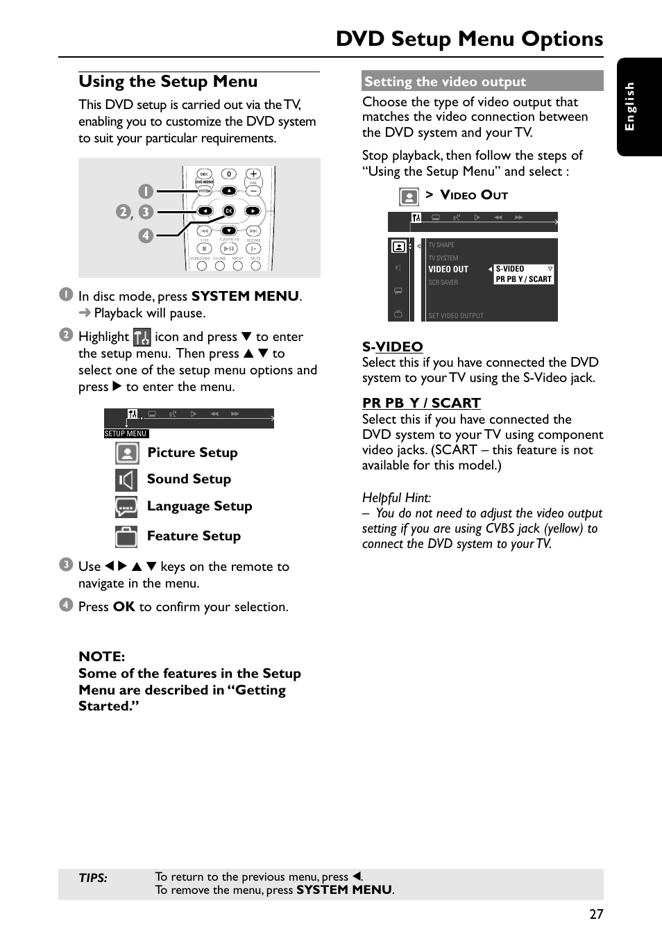 Dvd setup menu options, Using the setup menu | Philips MX6050D-37 User Manual | Page 30 / 42
