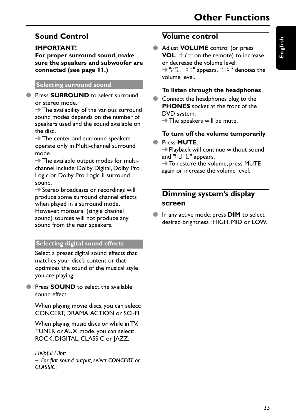 Other functions, Sound control, Volume control | Dimming system’s display screen | Philips MX6050D-37 User Manual | Page 36 / 42