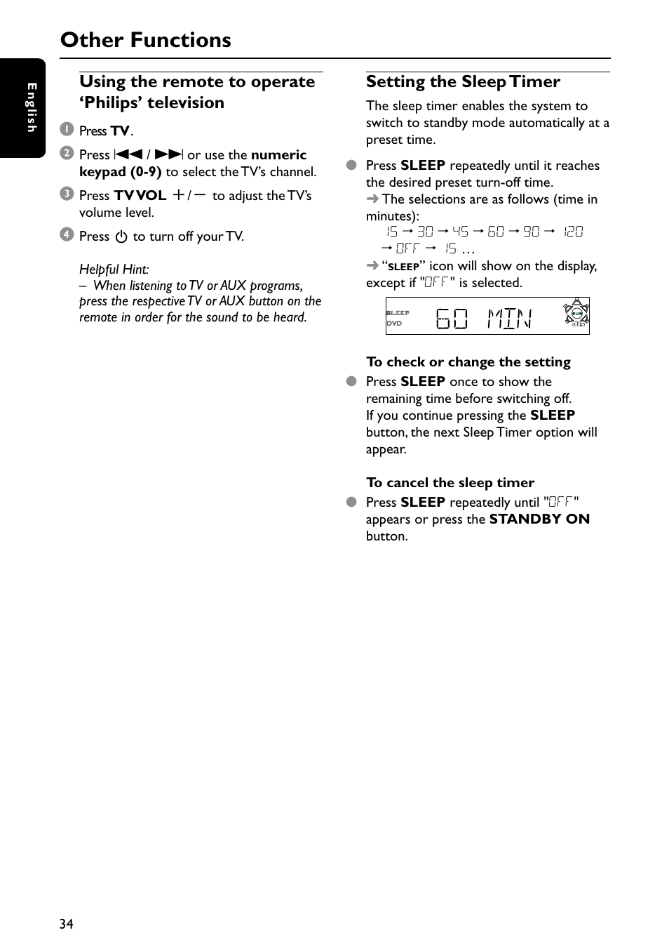 Other functions, Using the remote to operate ‘philips’ television 1, Setting the sleep timer | Philips MX6050D-37 User Manual | Page 37 / 42