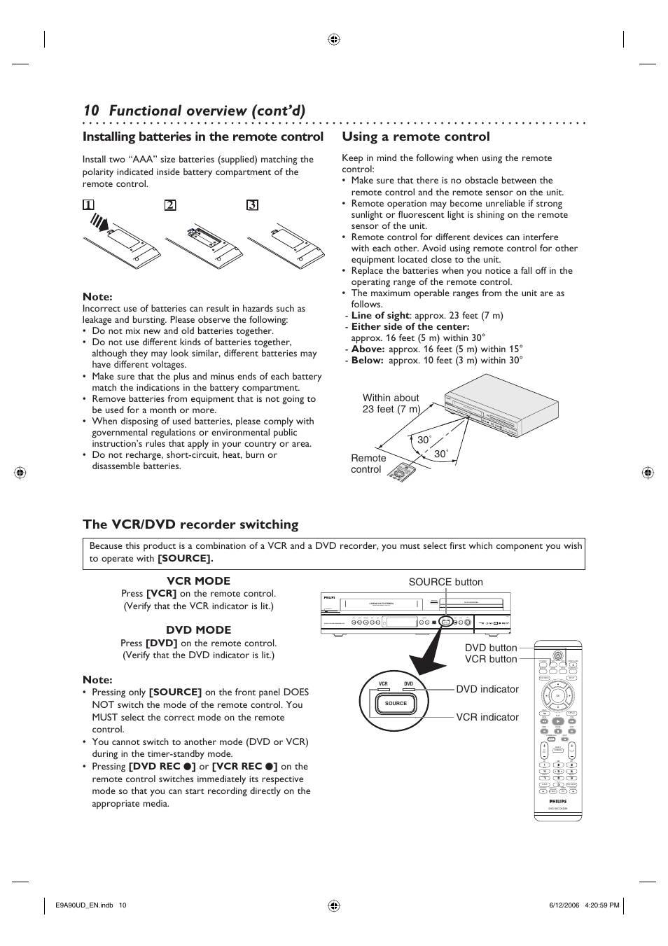 10 functional overview (cont’d), Installing batteries in the remote control, Using a remote control | The vcr/dvd recorder switching, Vcr mode, Dvd mode | Philips DVDR3435V-37 User Manual | Page 10 / 104