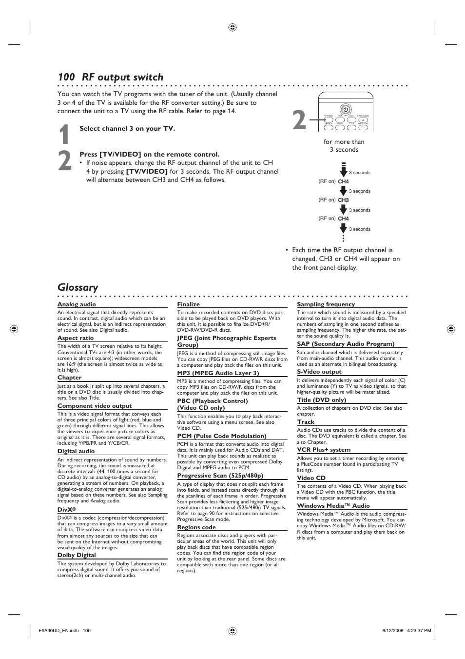 100 rf output switch, Glossary | Philips DVDR3435V-37 User Manual | Page 100 / 104