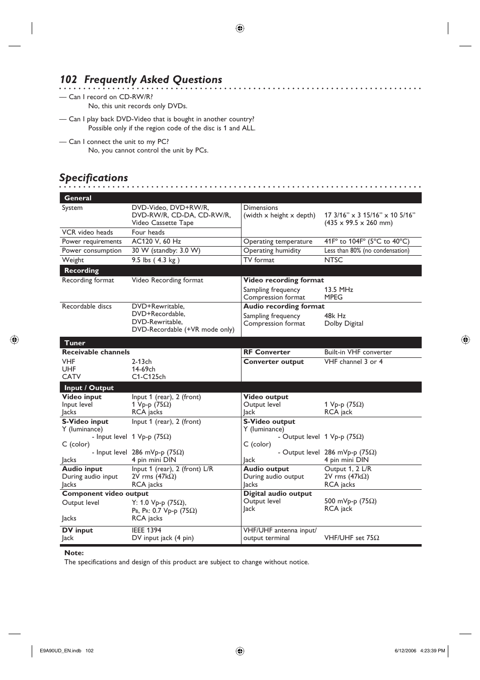 102 specifications frequently asked questions | Philips DVDR3435V-37 User Manual | Page 102 / 104