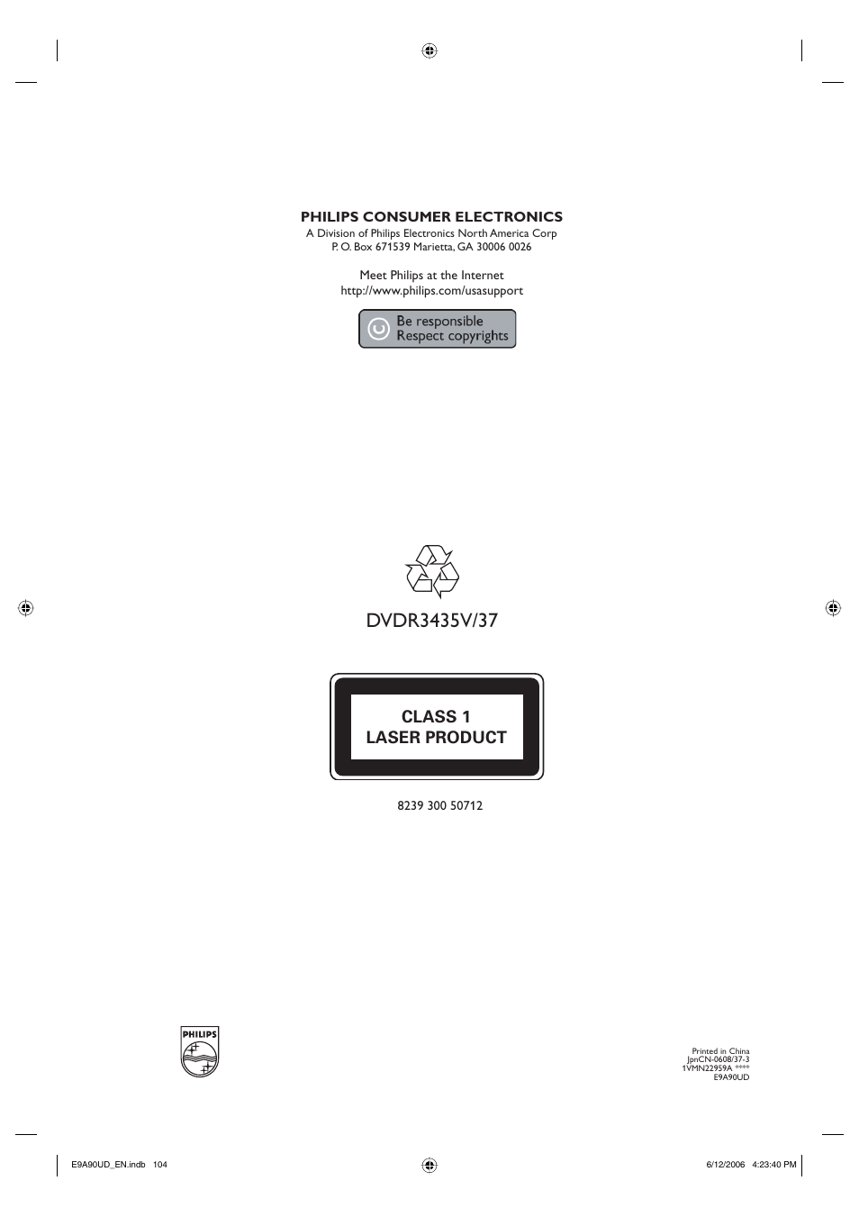 Class 1 laser product | Philips DVDR3435V-37 User Manual | Page 104 / 104