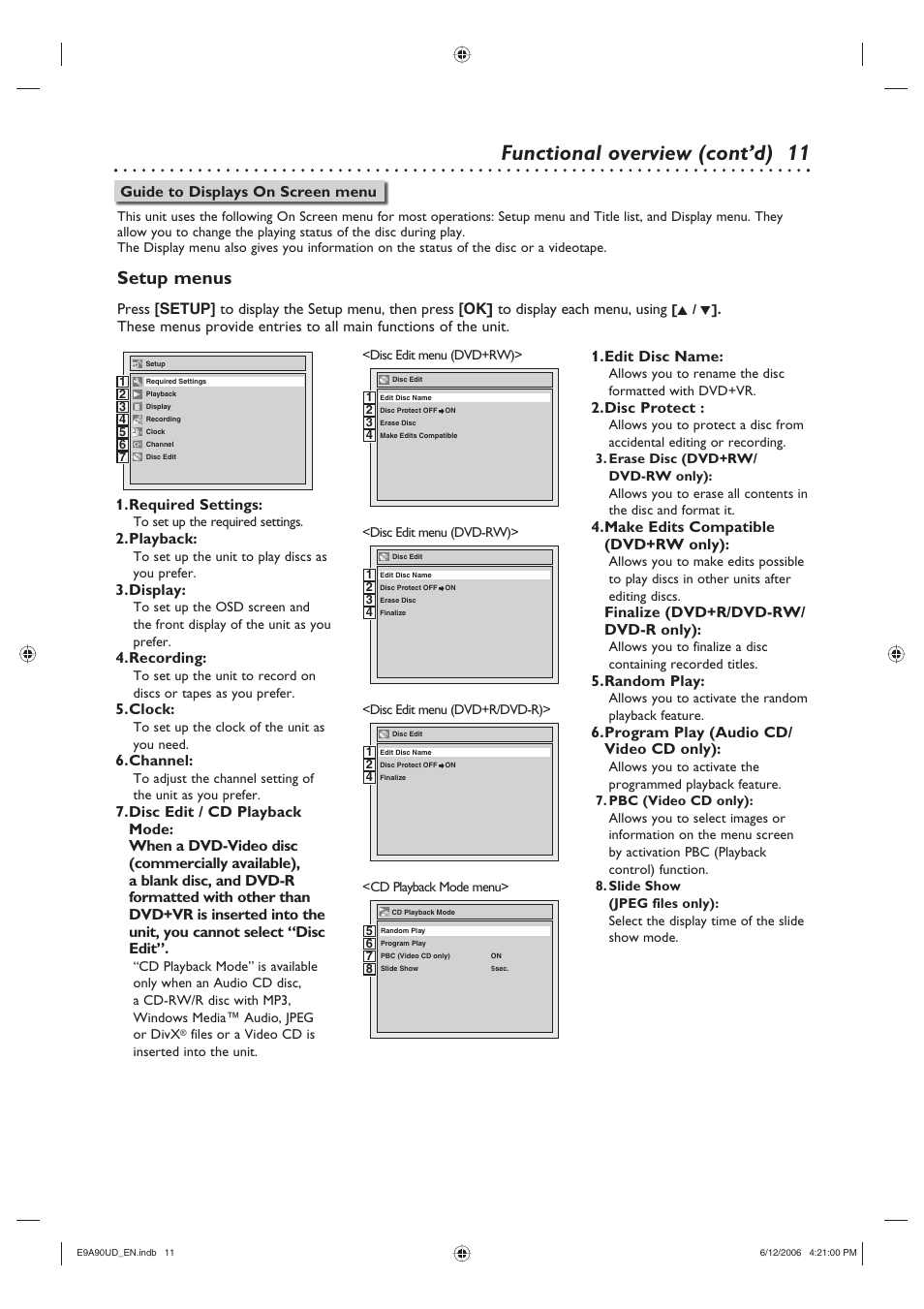 11 functional overview (cont’d), Setup menus, Required settings | Playback, Display, Recording, Clock, Channel, Edit disc name, Disc protect | Philips DVDR3435V-37 User Manual | Page 11 / 104