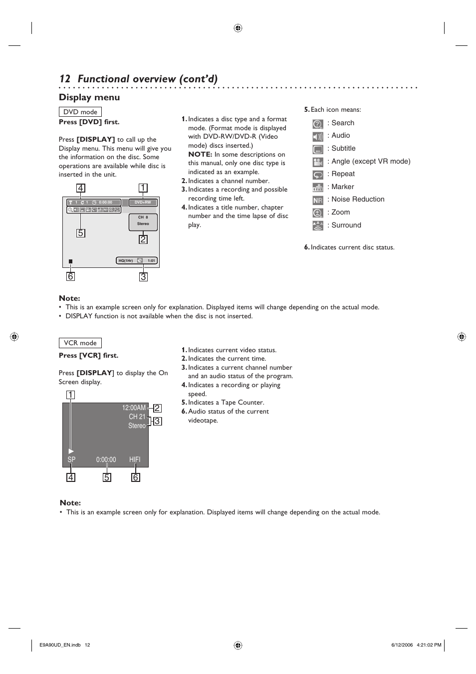 Functional overview (cont’d), Display menu | Philips DVDR3435V-37 User Manual | Page 12 / 104