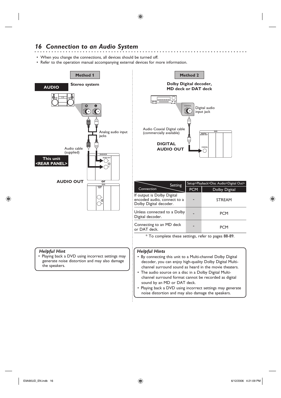 16 connection to an audio system, Helpful hints, Helpful hint | Philips DVDR3435V-37 User Manual | Page 16 / 104