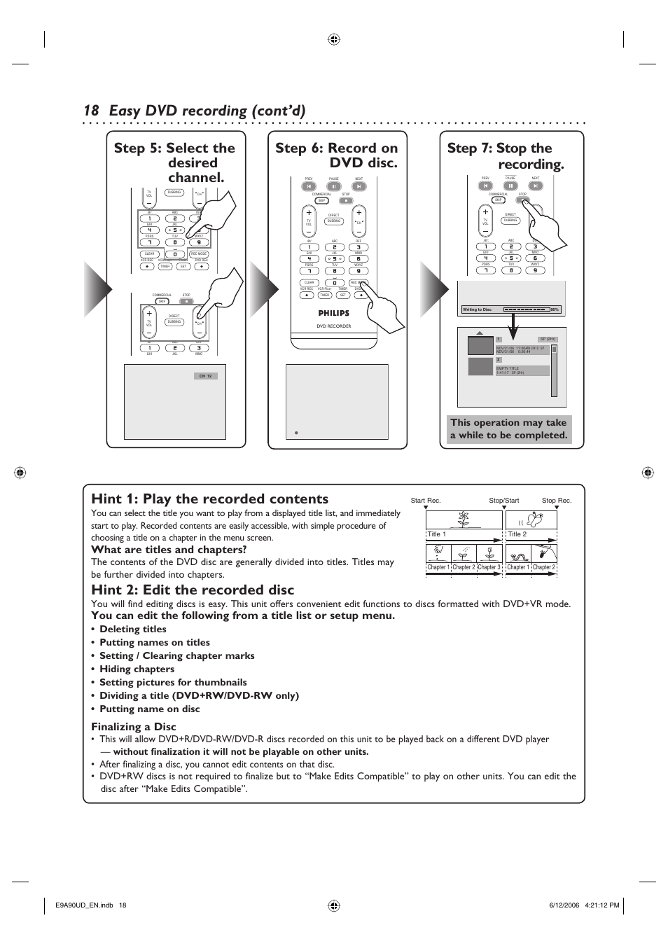 18 easy dvd recording (cont’d), Hint 1: play the recorded contents, Hint 2: edit the recorded disc | What are titles and chapters, Finalizing a disc | Philips DVDR3435V-37 User Manual | Page 18 / 104