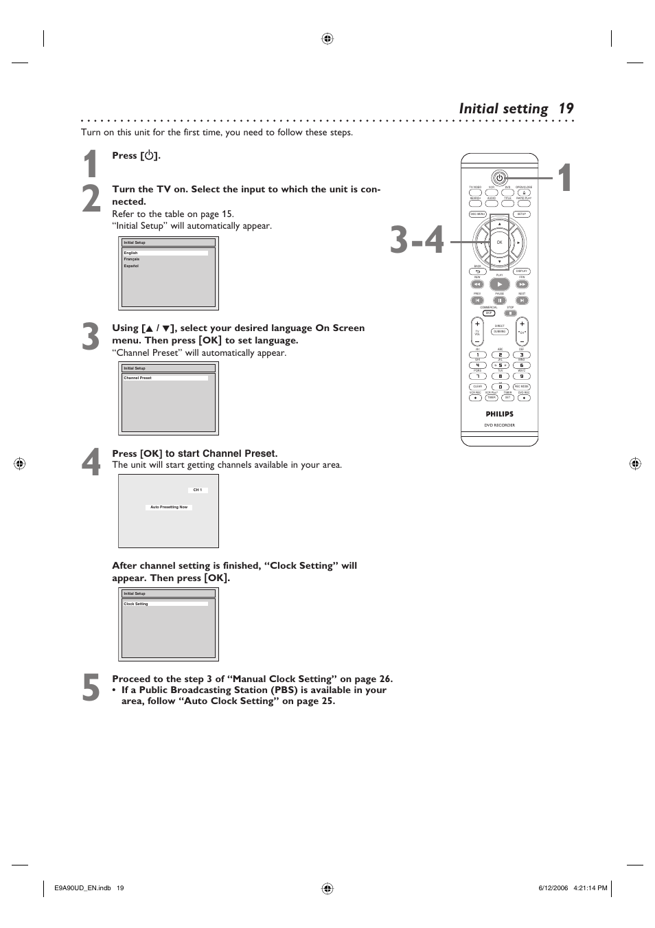 Initial setting | Philips DVDR3435V-37 User Manual | Page 19 / 104