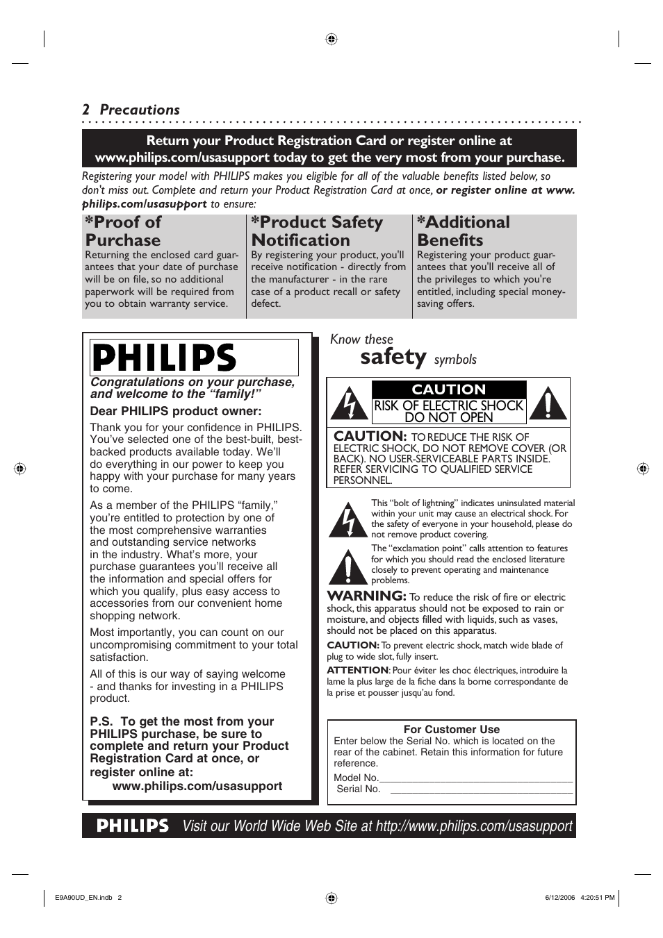 Safety, Proof of purchase, Product safety notification | Additional benefits, Precautions | Philips DVDR3435V-37 User Manual | Page 2 / 104