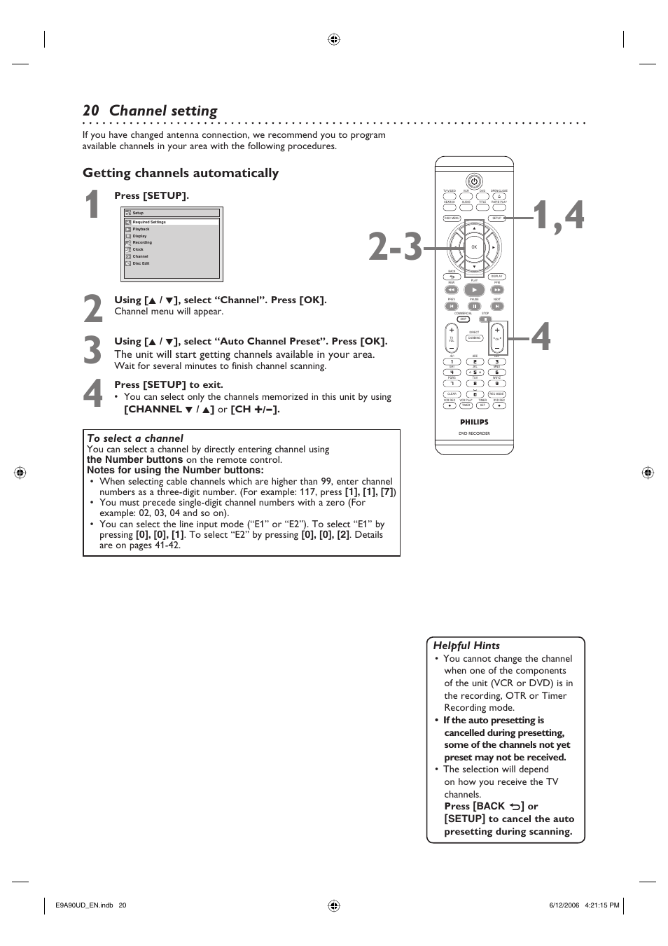 Channel setting, Getting channels automatically, Helpful hints | Philips DVDR3435V-37 User Manual | Page 20 / 104