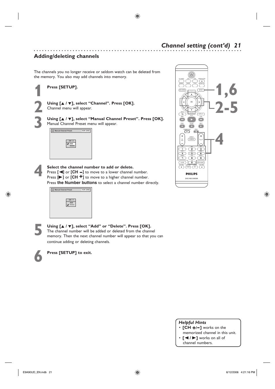 Channel setting (cont’d), Adding/deleting channels | Philips DVDR3435V-37 User Manual | Page 21 / 104