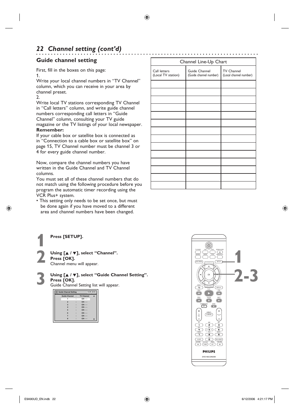 22 channel setting (cont’d), Guide channel setting, Press [setup | Philips DVDR3435V-37 User Manual | Page 22 / 104