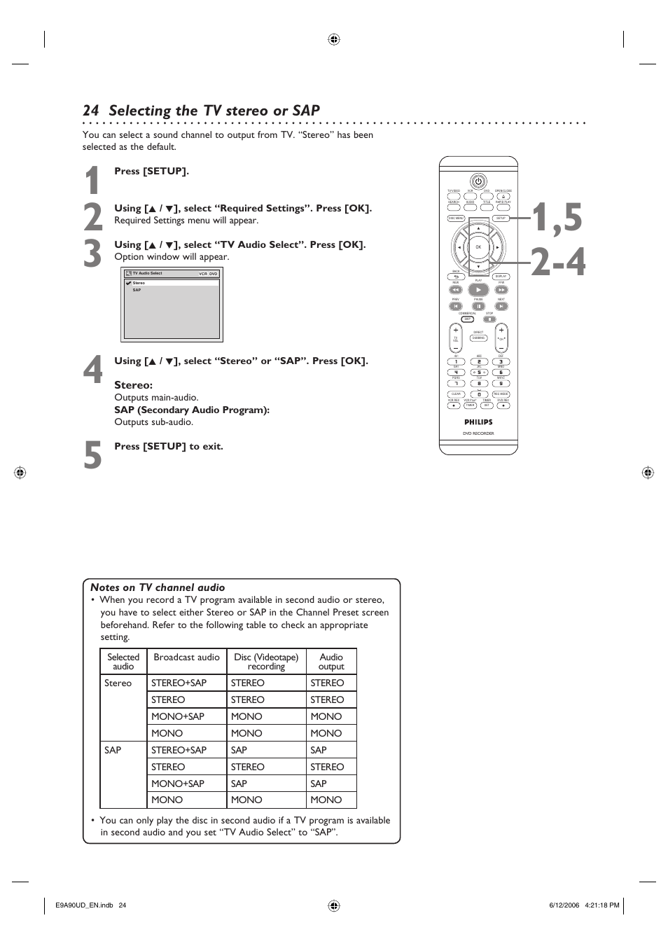 Selecting the tv stereo or sap, Stereo | Philips DVDR3435V-37 User Manual | Page 24 / 104