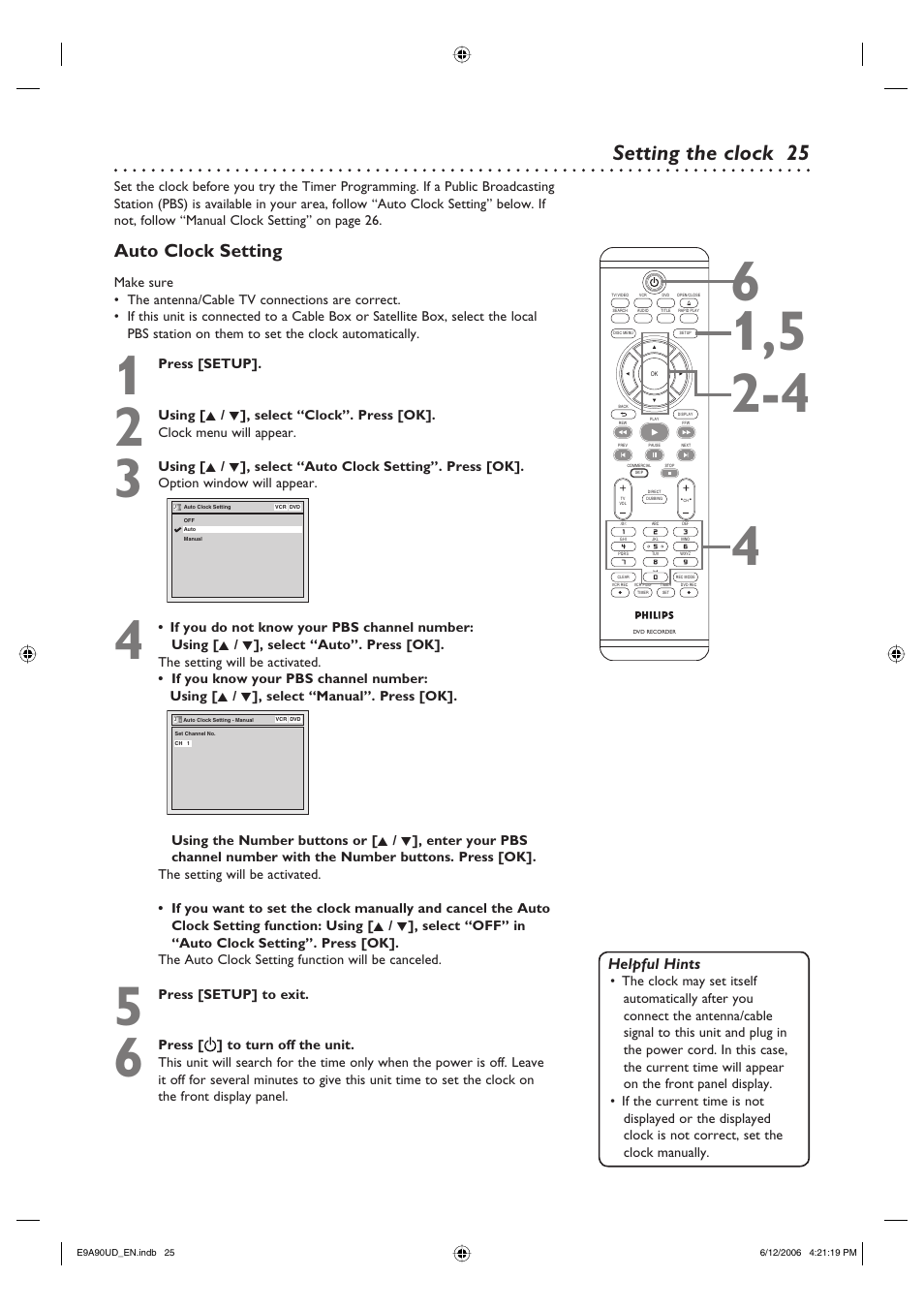 Setting the clock, Auto clock setting | Philips DVDR3435V-37 User Manual | Page 25 / 104