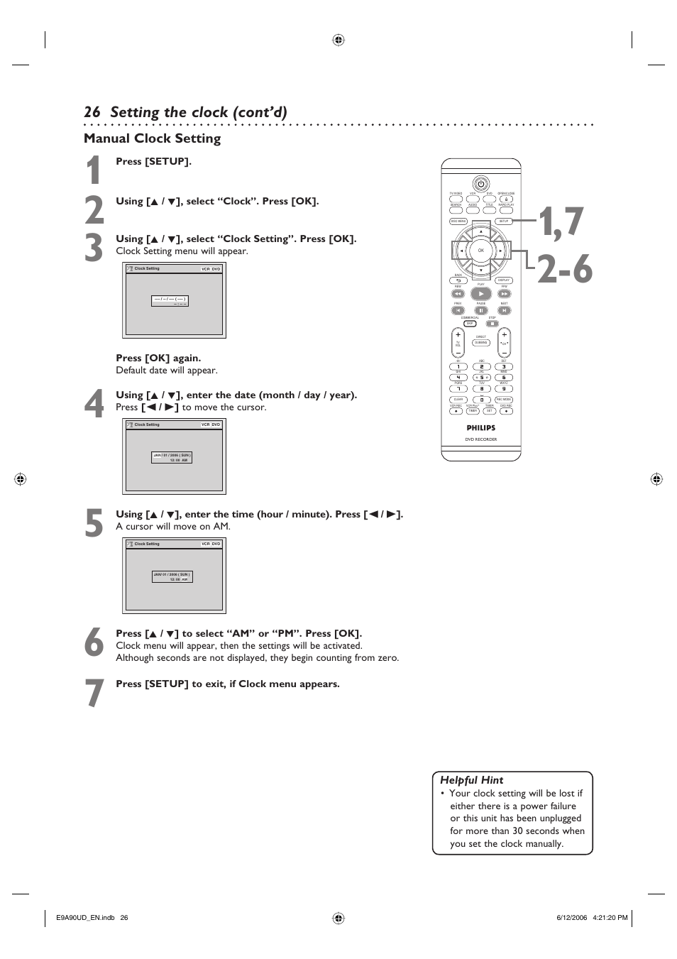 Setting the clock (cont’d), Manual clock setting, Helpful hint | Philips DVDR3435V-37 User Manual | Page 26 / 104