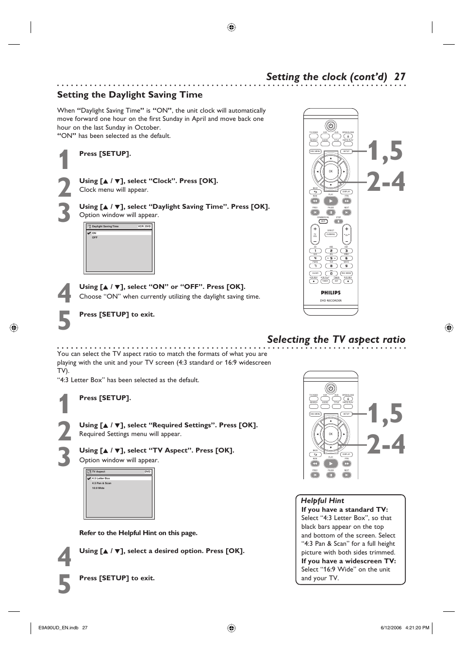 27 setting the clock (cont’d), Selecting the tv aspect ratio, Setting the daylight saving time | Helpful hint | Philips DVDR3435V-37 User Manual | Page 27 / 104