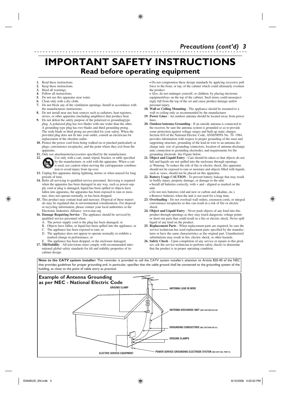 Important safety instructions, Read before operating equipment, Precautions (cont’d) | Philips DVDR3435V-37 User Manual | Page 3 / 104