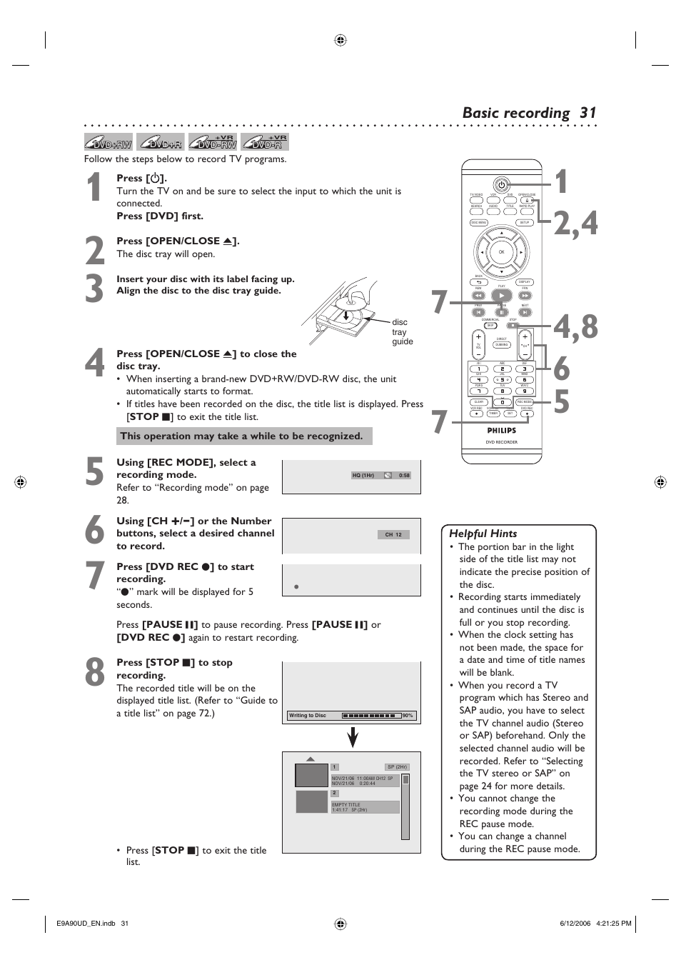 Basic recording | Philips DVDR3435V-37 User Manual | Page 31 / 104