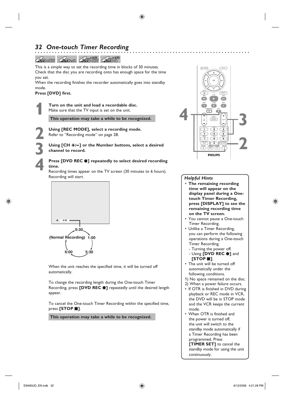 One-touch timer recording | Philips DVDR3435V-37 User Manual | Page 32 / 104