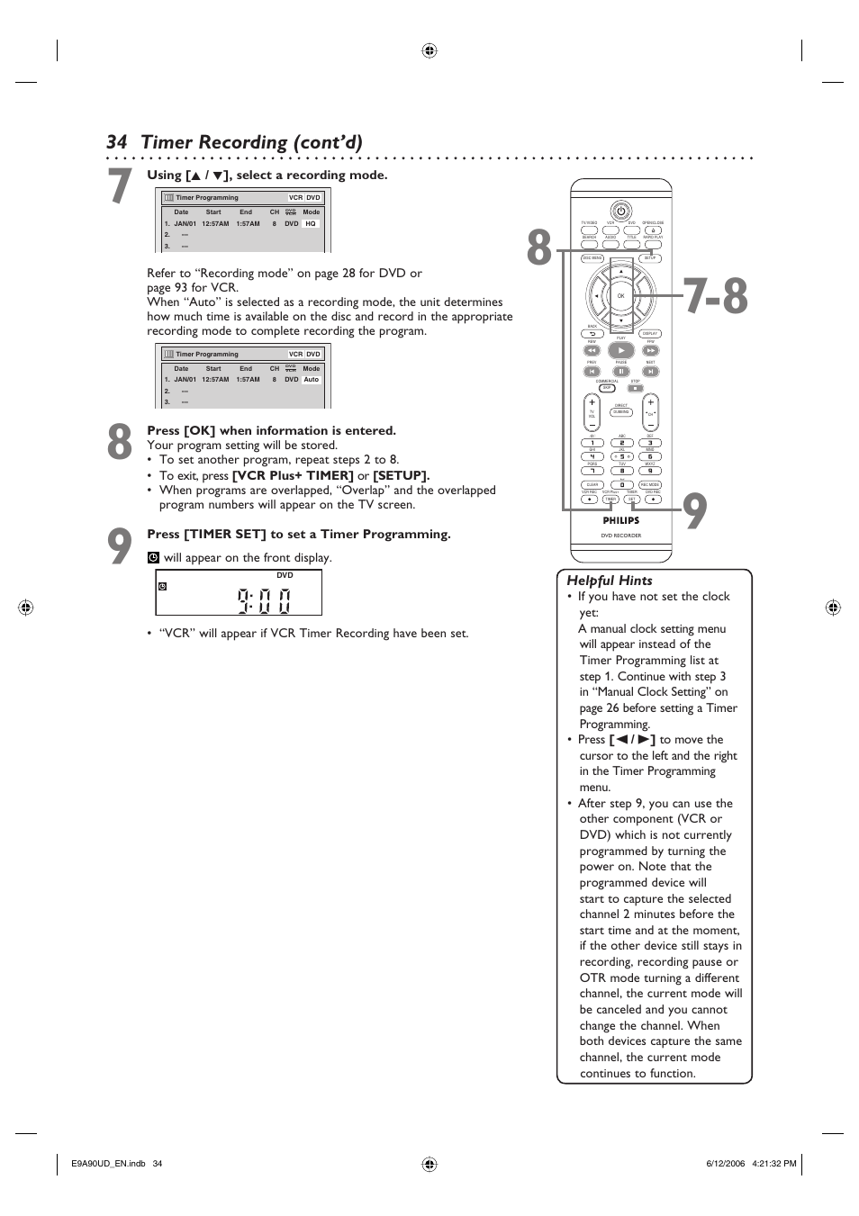 Timer recording (cont’d), Helpful hints, Using [ k / l ], select a recording mode | Philips DVDR3435V-37 User Manual | Page 34 / 104