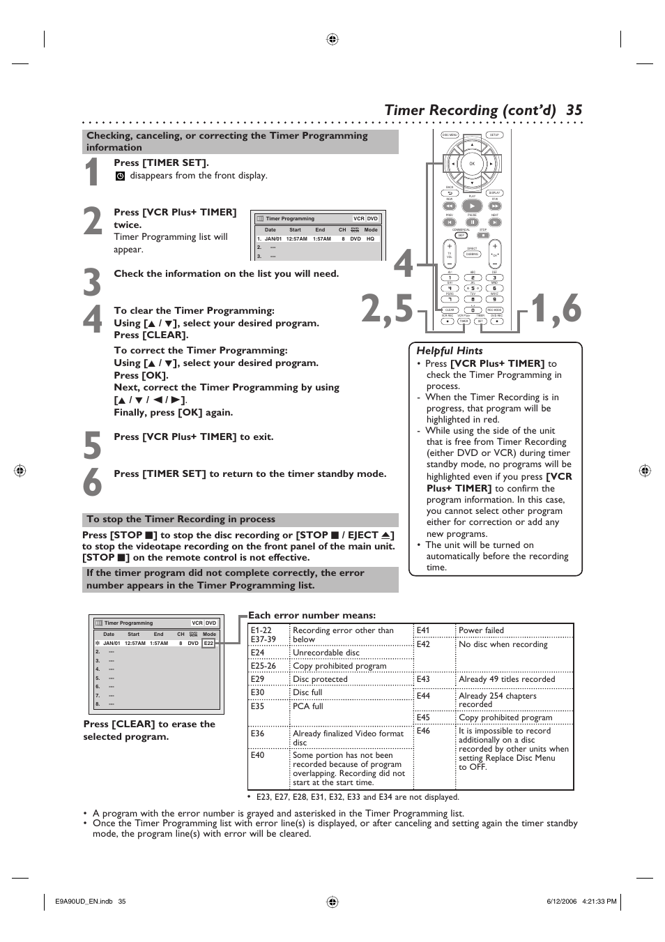 Timer recording (cont’d), Helpful hints | Philips DVDR3435V-37 User Manual | Page 35 / 104