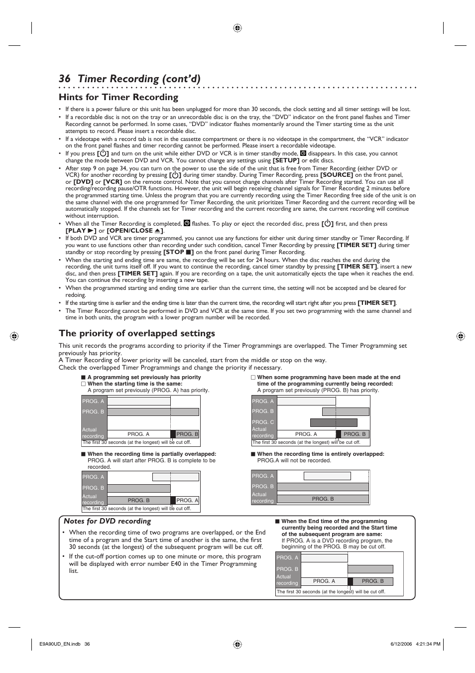 Timer recording (cont’d), Hints for timer recording, The priority of overlapped settings | Philips DVDR3435V-37 User Manual | Page 36 / 104