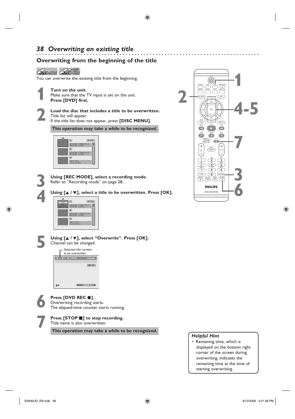 Overwriting an existing title, Overwriting from the beginning of the title | Philips DVDR3435V-37 User Manual | Page 38 / 104