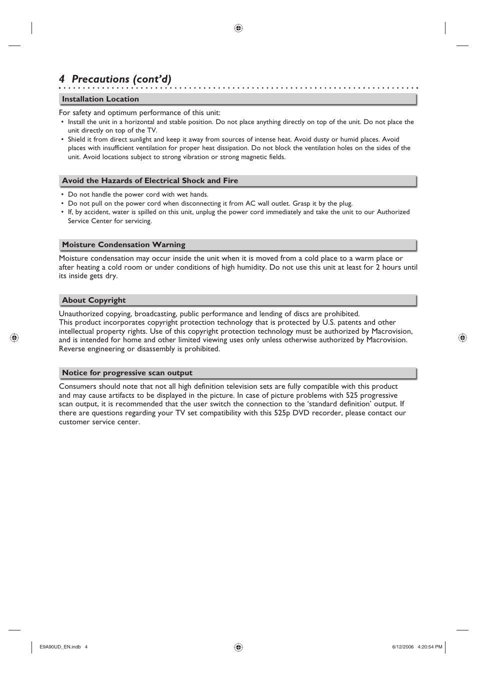 4 precautions (cont’d) | Philips DVDR3435V-37 User Manual | Page 4 / 104
