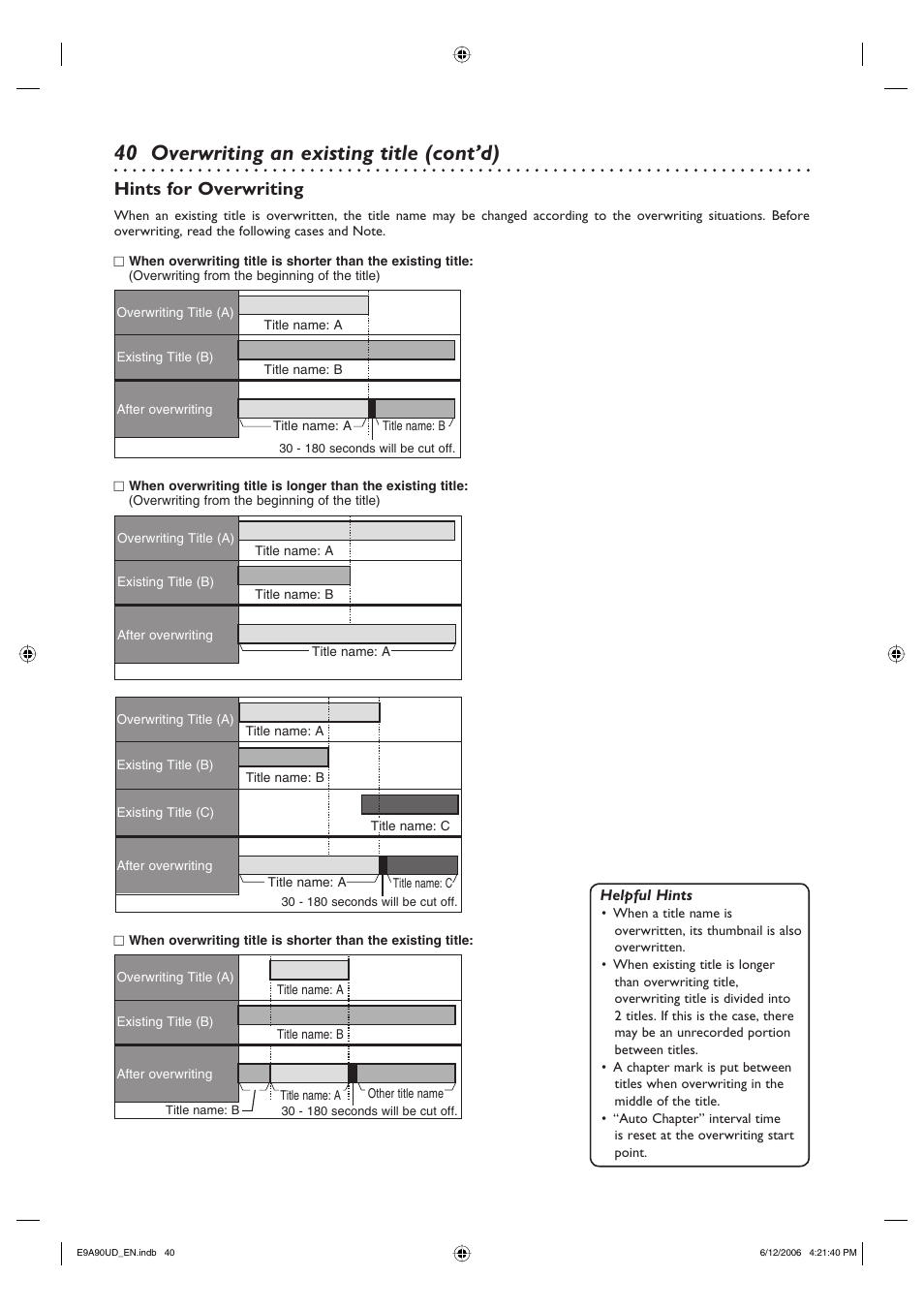 40 overwriting an existing title (cont’d), Hints for overwriting | Philips DVDR3435V-37 User Manual | Page 40 / 104