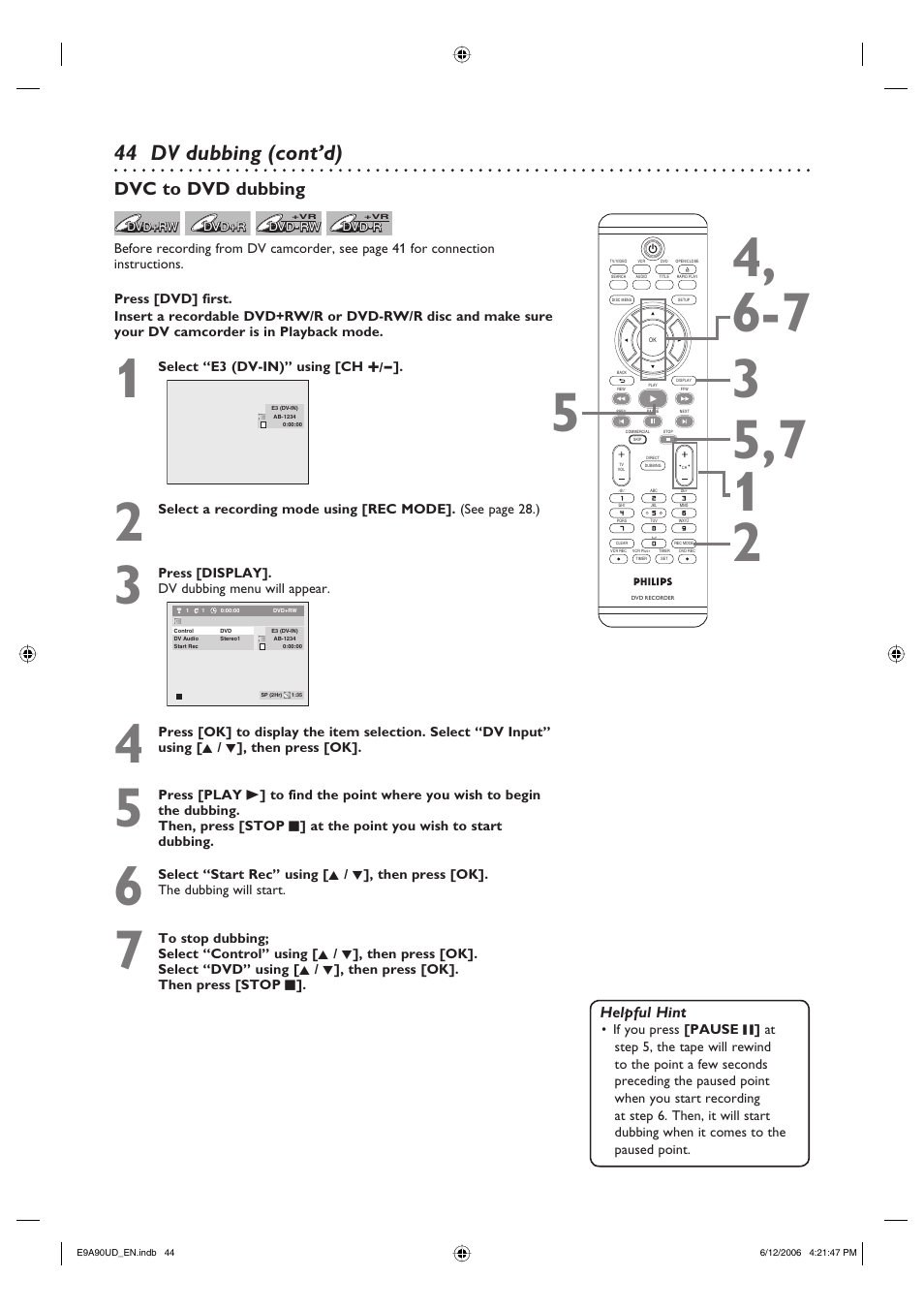 44 dv dubbing (cont’d), Dvc to dvd dubbing | Philips DVDR3435V-37 User Manual | Page 44 / 104