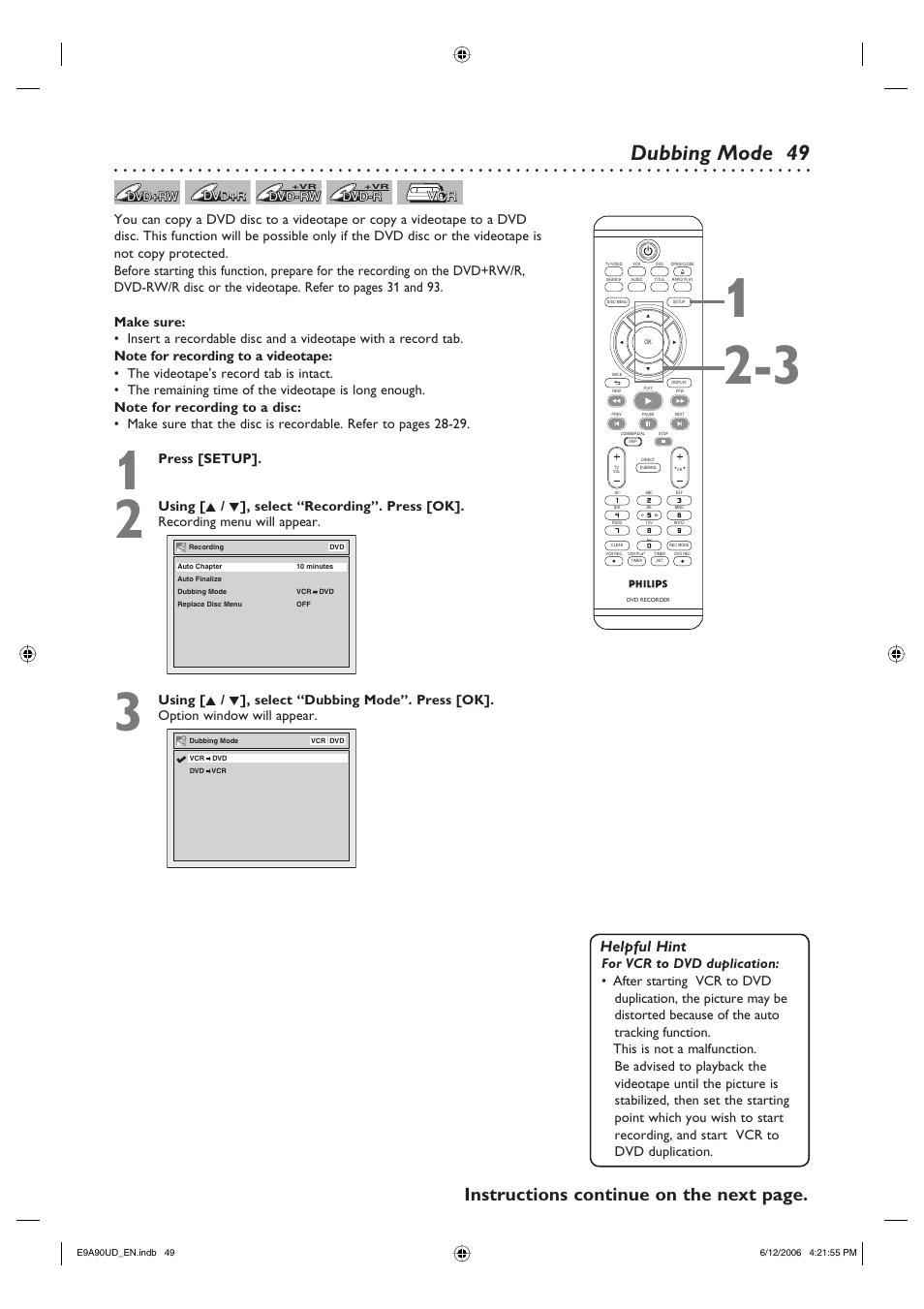 Dubbing mode, Instructions continue on the next page, Helpful hint | Press [setup | Philips DVDR3435V-37 User Manual | Page 49 / 104