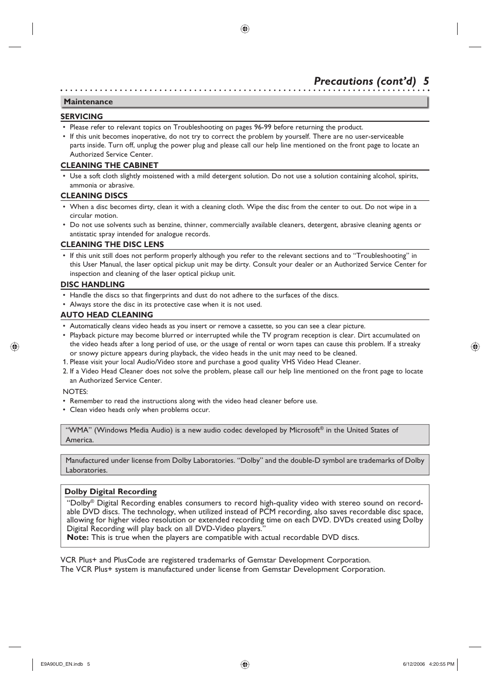 5precautions (cont’d) | Philips DVDR3435V-37 User Manual | Page 5 / 104