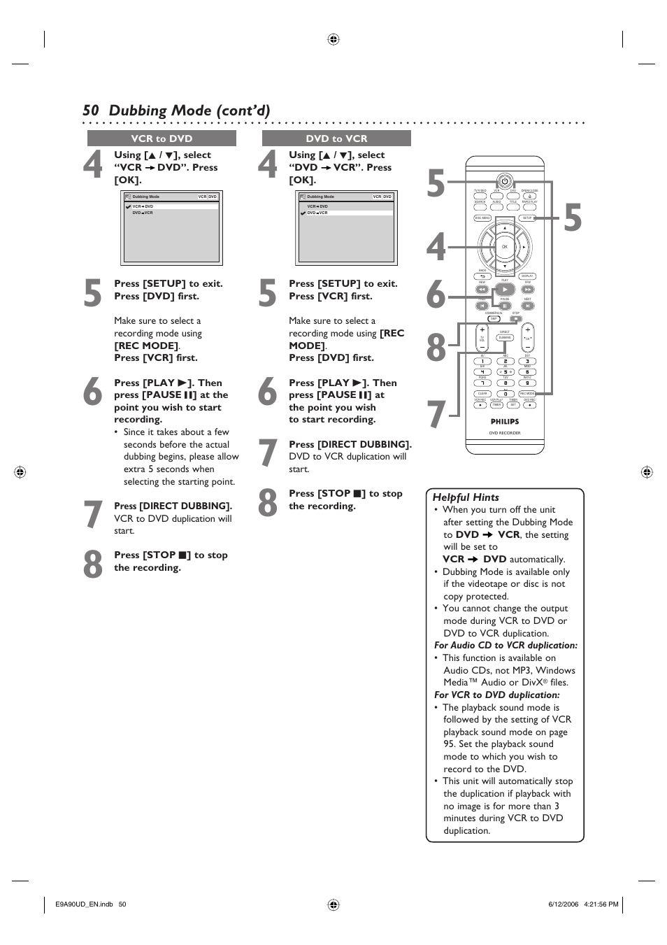 Dubbing mode (cont’d) | Philips DVDR3435V-37 User Manual | Page 50 / 104