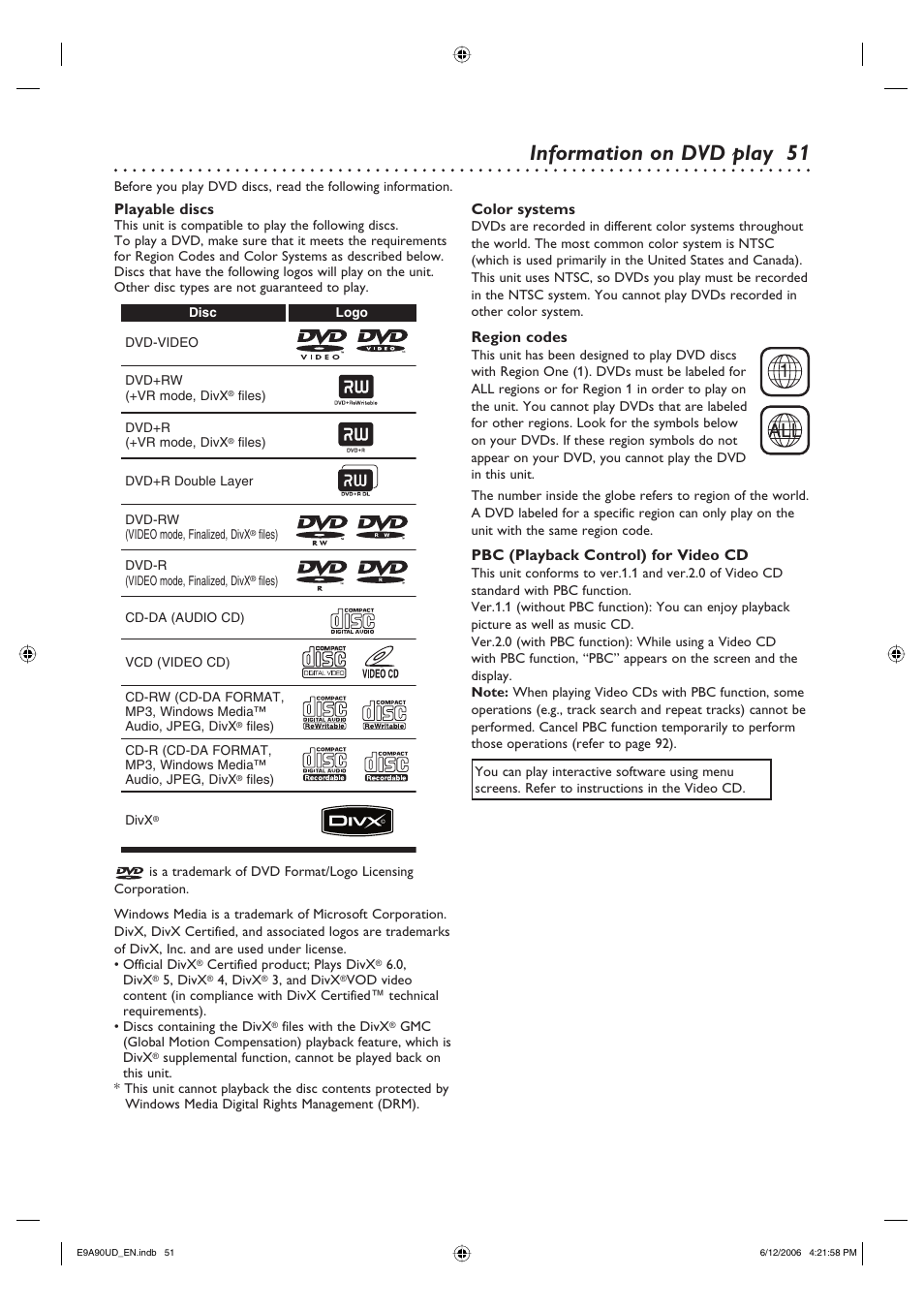 Information on dvd play, Playable discs, Color systems | Region codes, Pbc (playback control) for video cd | Philips DVDR3435V-37 User Manual | Page 51 / 104