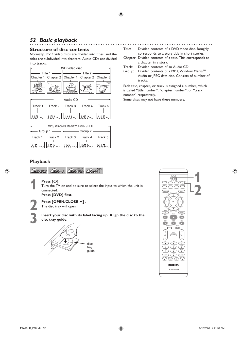 Basic playback, Structure of disc contents, Playback | Philips DVDR3435V-37 User Manual | Page 52 / 104