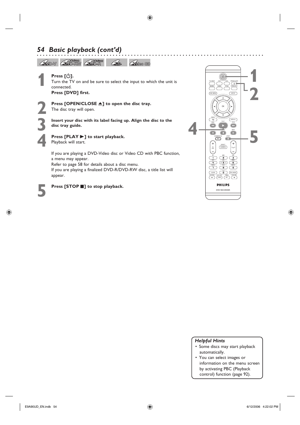 54 basic playback (cont’d), Helpful hints | Philips DVDR3435V-37 User Manual | Page 54 / 104