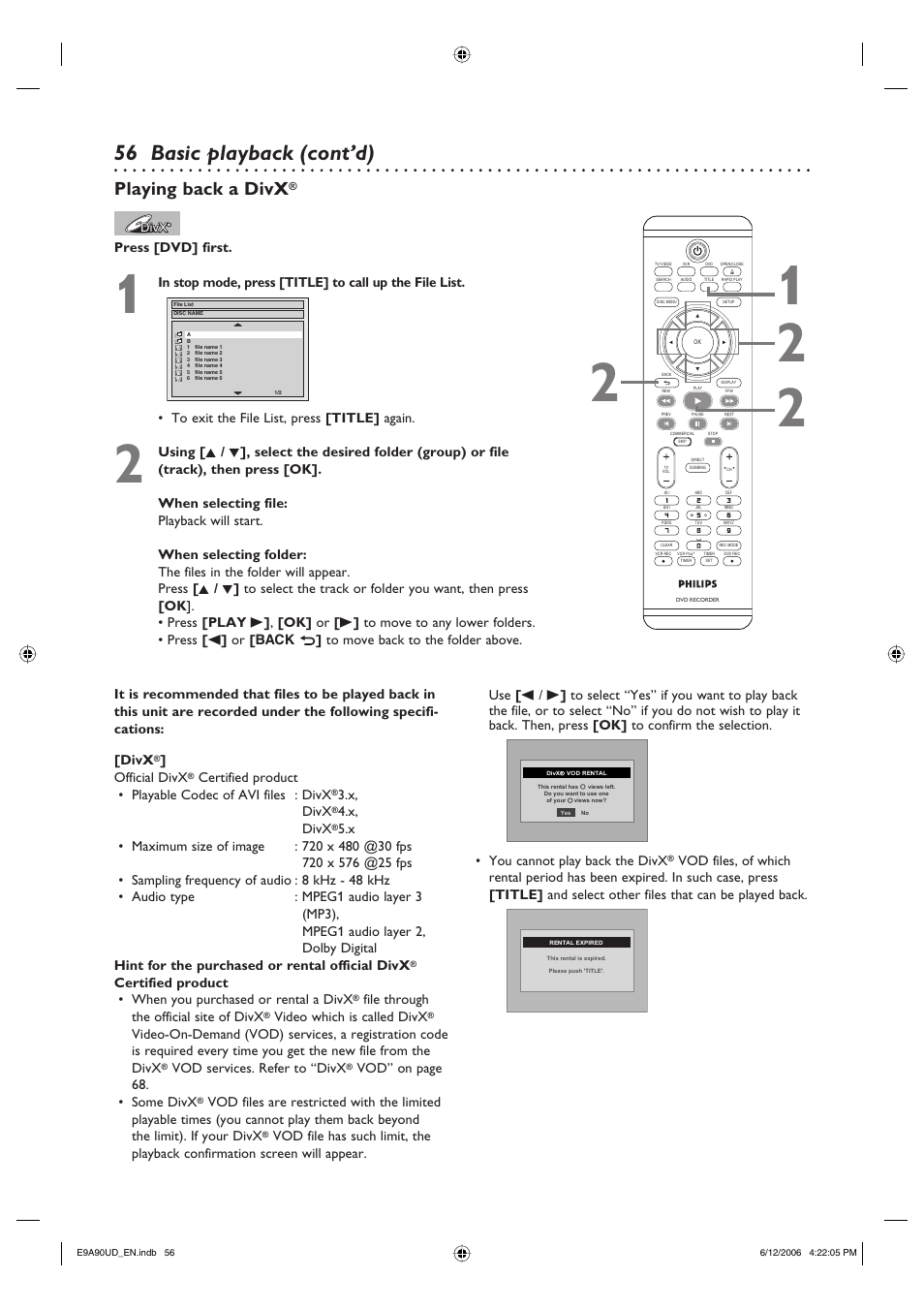 56 basic playback (cont’d), Playing back a divx | Philips DVDR3435V-37 User Manual | Page 56 / 104