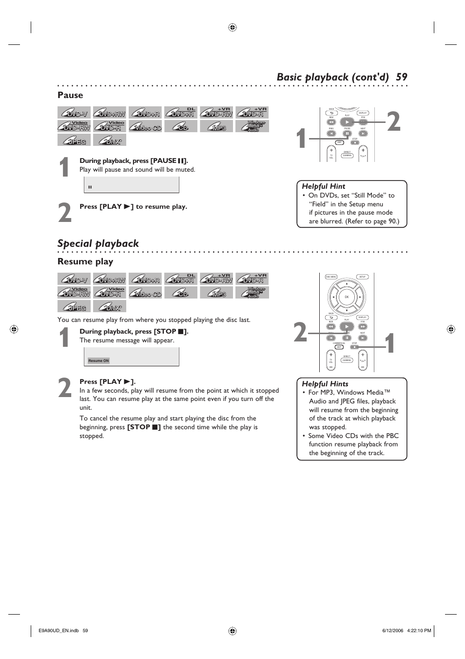 Basic playback (cont'd), Special playback, Resume play | Pause, Helpful hints, Helpful hint | Philips DVDR3435V-37 User Manual | Page 59 / 104