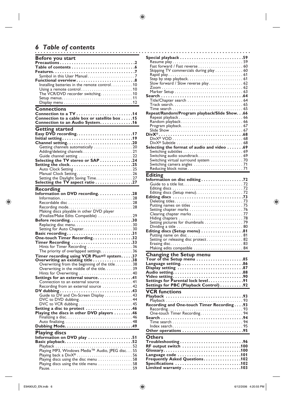 6 table of contents | Philips DVDR3435V-37 User Manual | Page 6 / 104