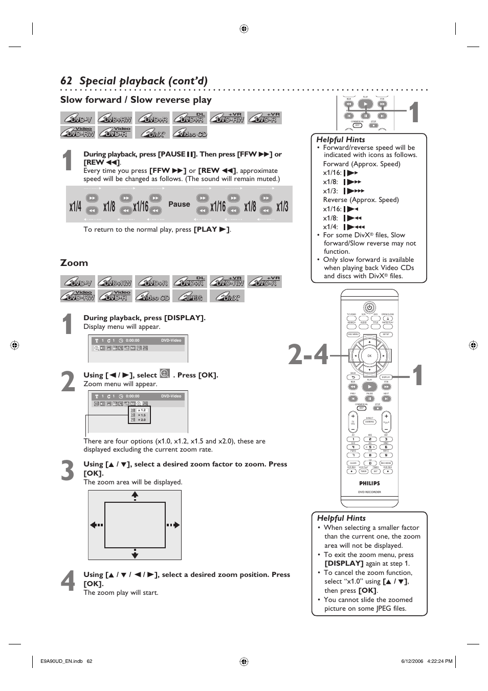 Special playback (cont’d), Slow forward / slow reverse play, Zoom | Helpful hints | Philips DVDR3435V-37 User Manual | Page 62 / 104