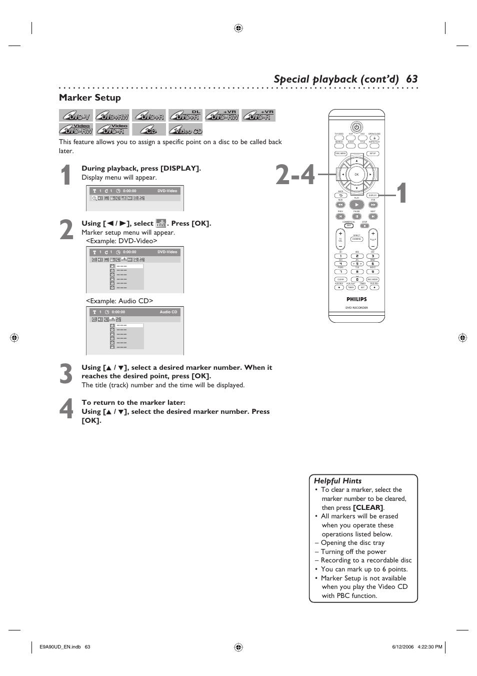 Special playback (cont’d), Marker setup, Helpful hints | Philips DVDR3435V-37 User Manual | Page 63 / 104