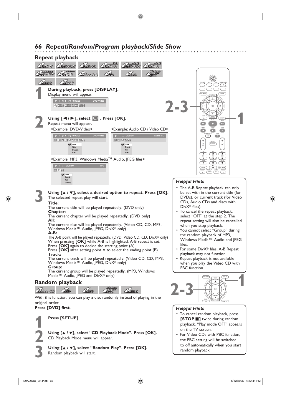 Repeat/random/program playback/slide show, Repeat playback, Random playback | Helpful hints | Philips DVDR3435V-37 User Manual | Page 66 / 104